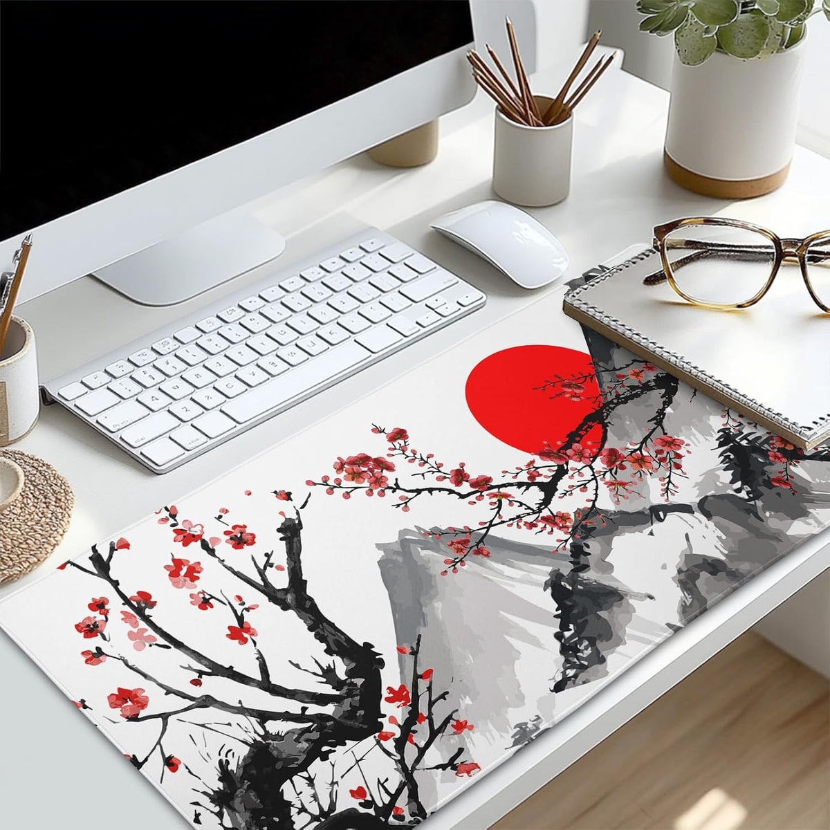 Extended Gaming Mouse Pad Xl,White Japanese Cherry Blossom Large Mouse Mat Desk Pad, Extended Stitched Non-Slip Rubber Edges Mousepad 31.5 X 11.8 Inch