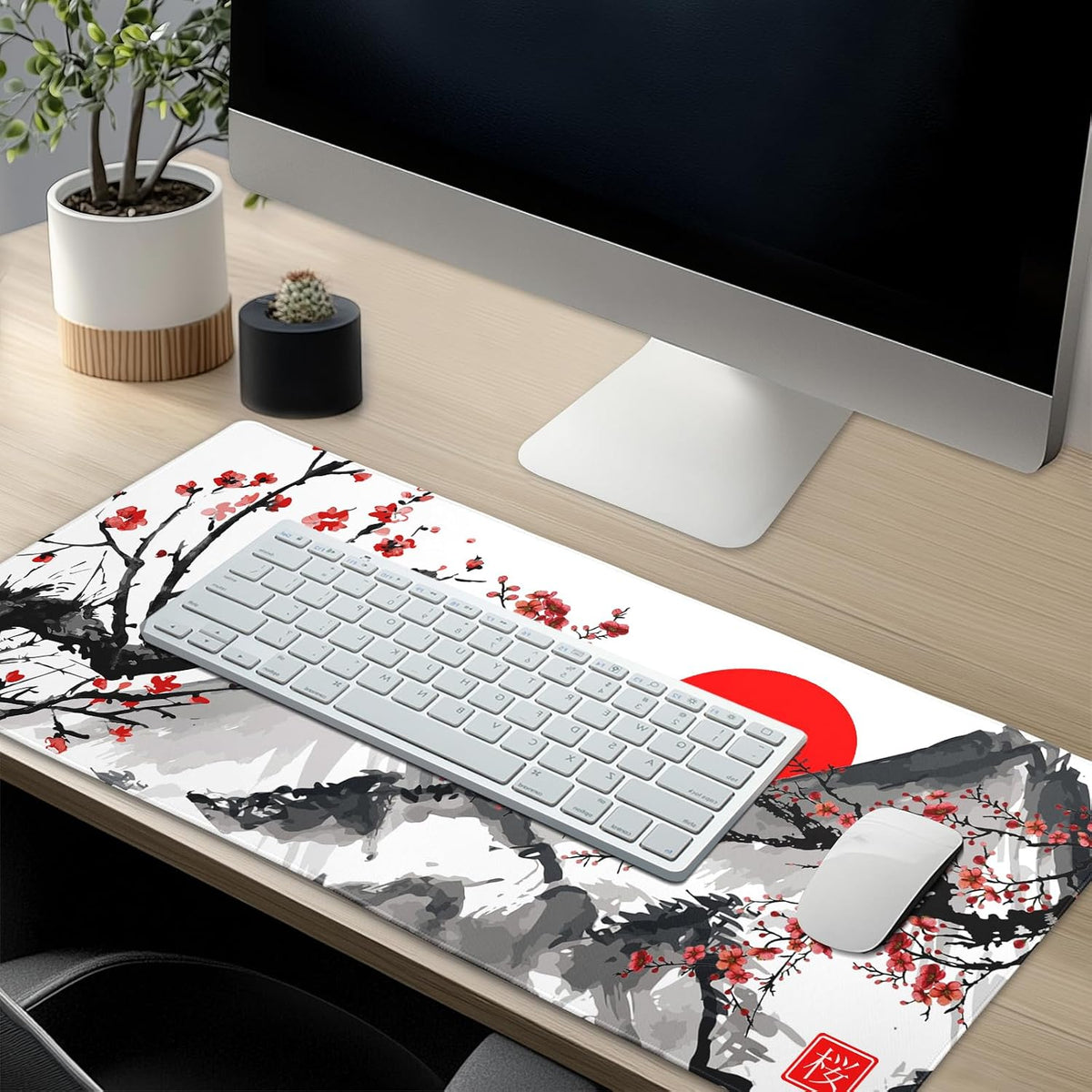Extended Gaming Mouse Pad Xl，White Japanese Cherry Blossom Large Mouse Mat Desk Pad, Extended Stitched Non-Slip Rubber Edges Mousepad 31.5 X 11.8 Inch
