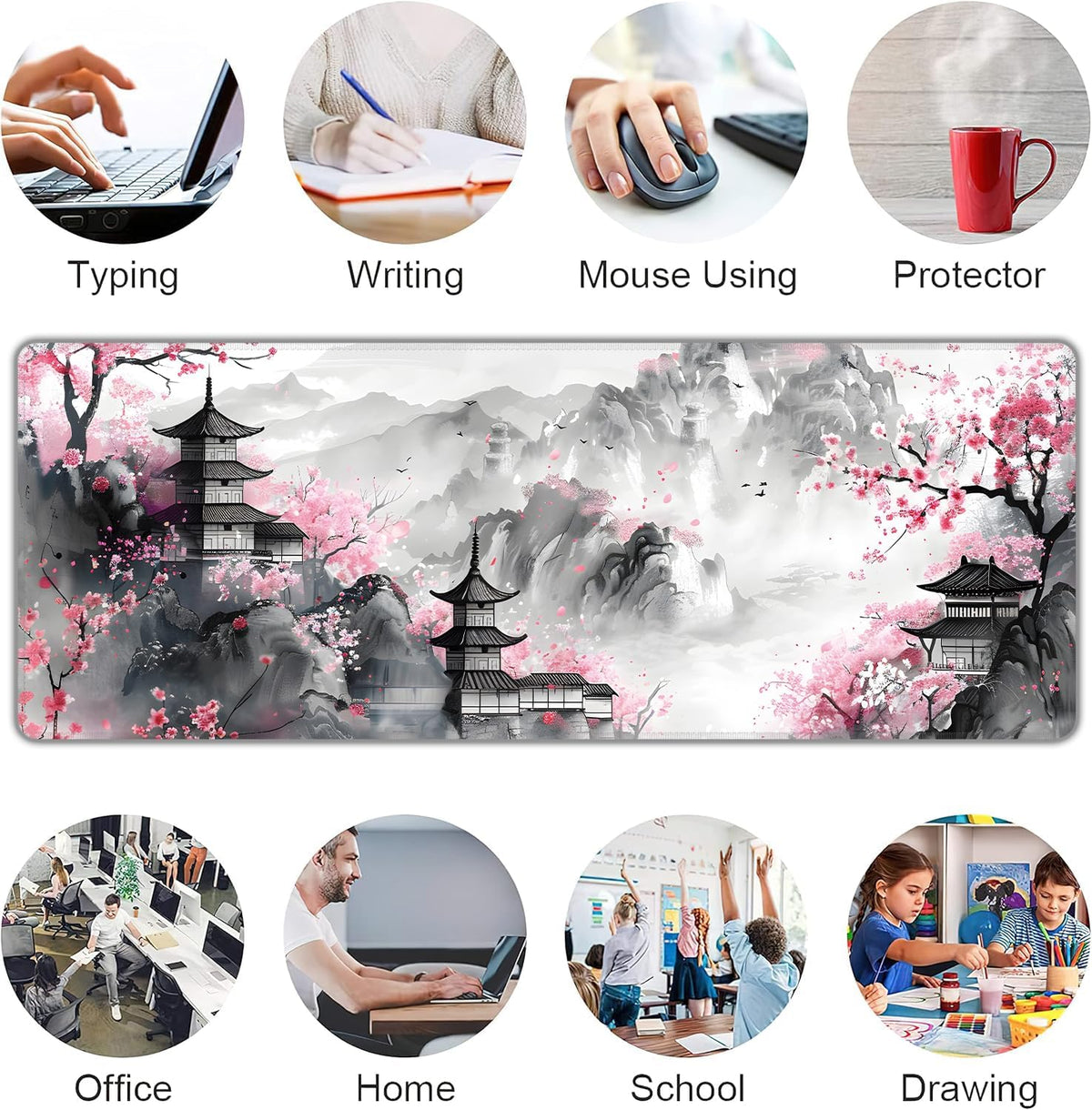 Japanese Cherry Blossom Large Mouse Pad,Gaming Keyboard Desk Pad,Extended Mouse Mat Non-Slip Rubber Base with Stitched Edges for Office Game Home XL 31.5"X11.8"