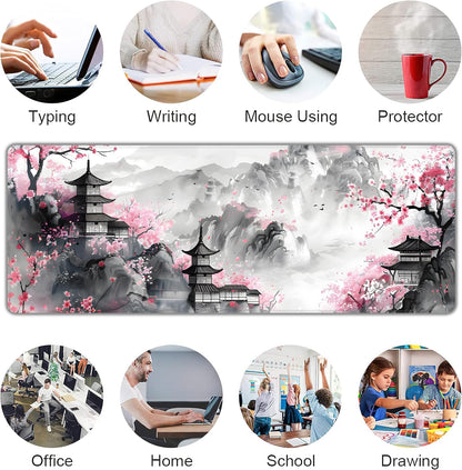 Japanese Cherry Blossom Large Mouse Pad,Gaming Keyboard Desk Pad,Extended Mouse Mat Non-Slip Rubber Base with Stitched Edges for Office Game Home XL 31.5"X11.8"