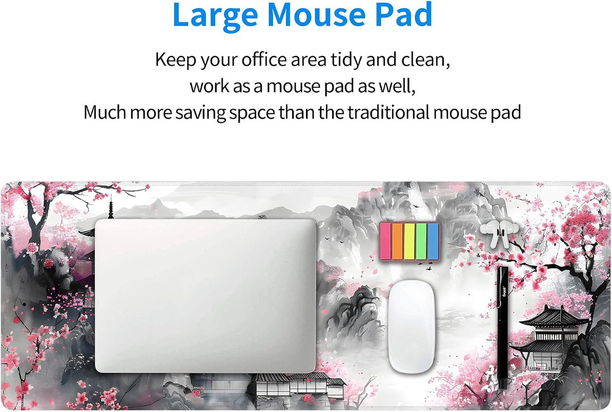 Japanese Cherry Blossom Large Mouse Pad,Gaming Keyboard Desk Pad,Extended Mouse Mat Non-Slip Rubber Base with Stitched Edges for Office Game Home XL 31.5"X11.8"