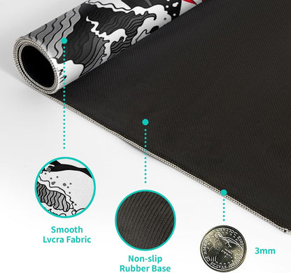 Japanese Red and Black Wave Gaming Mouse Pad Extended Large Mouse Mat Desk Pad Sea Texture Non-Slip Rubber Base Wave Mousepad Stitched Edges Keyboard Desk Pad for Office Home Game 31.5X11.8 Inch