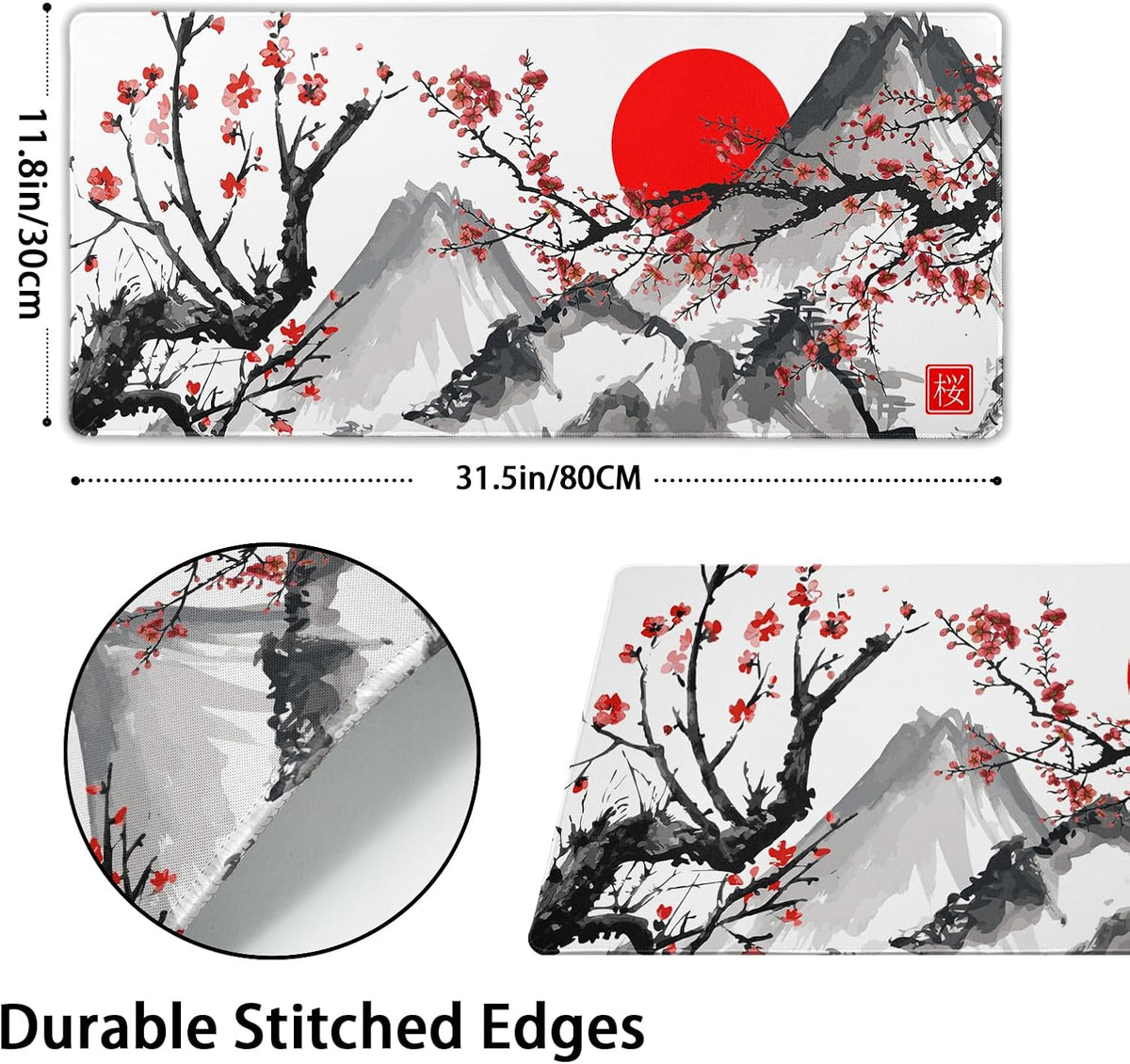 Extended Gaming Mouse Pad Xl，White Japanese Cherry Blossom Large Mouse Mat Desk Pad, Extended Stitched Non-Slip Rubber Edges Mousepad 31.5 X 11.8 Inch