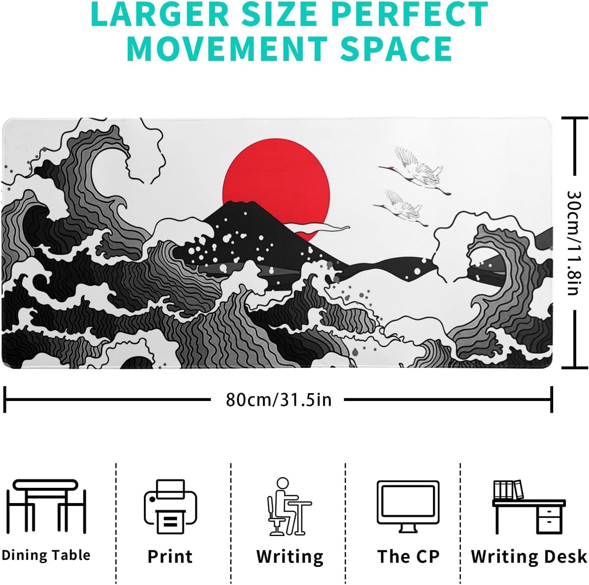 Japanese Red and Black Wave Gaming Mouse Pad Extended Large Mouse Mat Desk Pad Sea Texture Non-Slip Rubber Base Wave Mousepad Stitched Edges Keyboard Desk Pad for Office Home Game 31.5X11.8 Inch