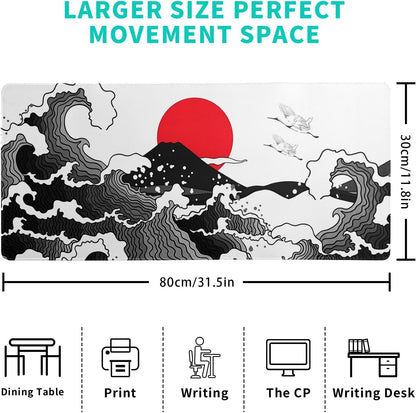 Japanese Red and Black Wave Gaming Mouse Pad Extended Large Mouse Mat Desk Pad Sea Texture Non-Slip Rubber Base Wave Mousepad Stitched Edges Keyboard Desk Pad for Office Home Game 31.5X11.8 Inch