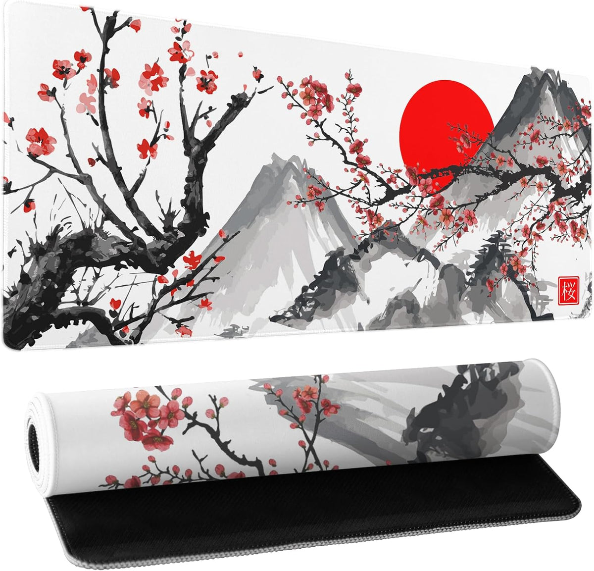 Extended Gaming Mouse Pad Xl，White Japanese Cherry Blossom Large Mouse Mat Desk Pad, Extended Stitched Non-Slip Rubber Edges Mousepad 31.5 X 11.8 Inch