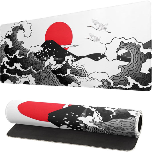 Japanese Red and Black Wave Gaming Mouse Pad Extended Large Mouse Mat Desk Pad Sea Texture Non-Slip Rubber Base Wave Mousepad Stitched Edges Keyboard Desk Pad for Office Home Game 31.5X11.8 Inch