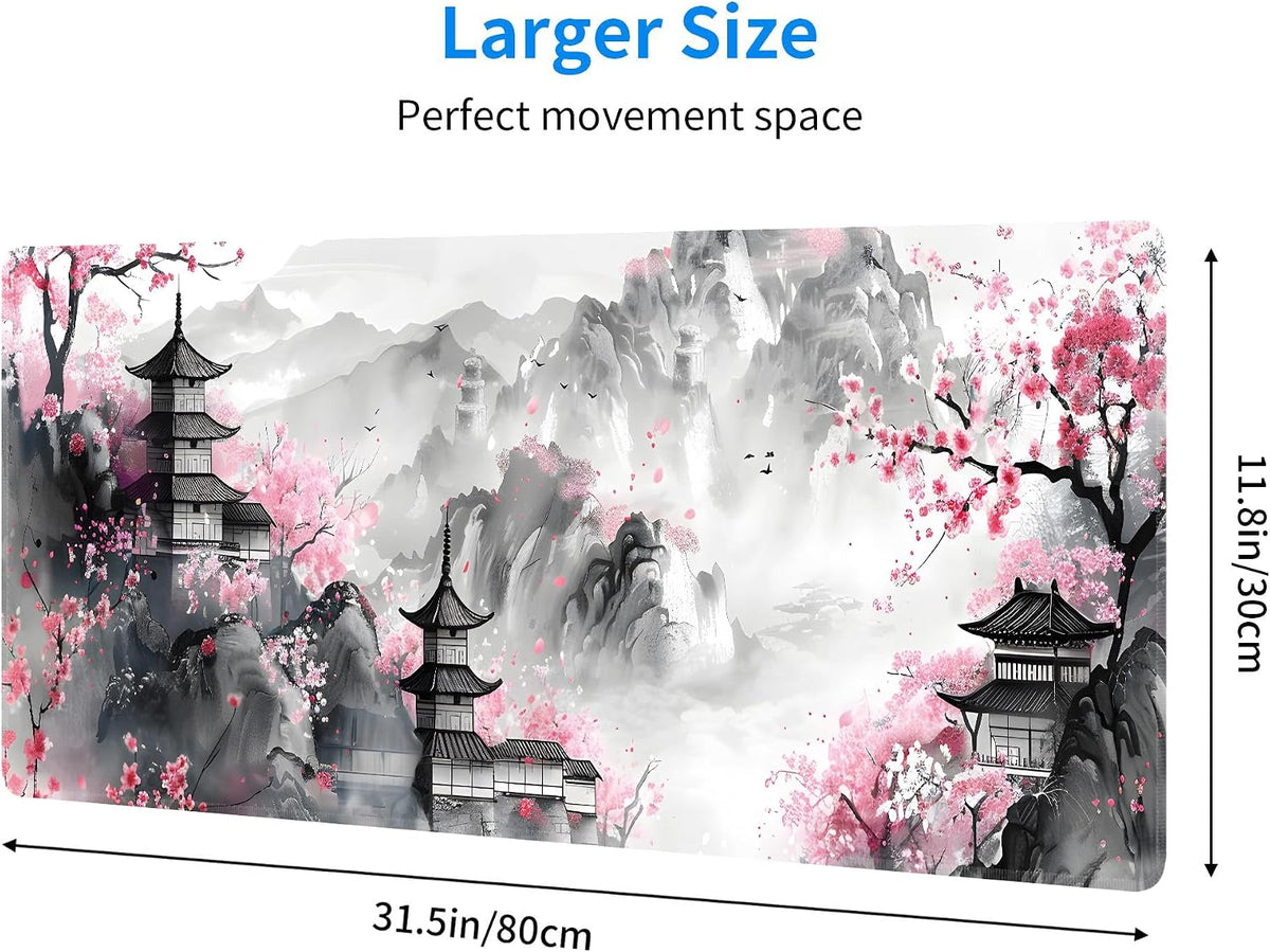 Japanese Cherry Blossom Large Mouse Pad,Gaming Keyboard Desk Pad,Extended Mouse Mat Non-Slip Rubber Base with Stitched Edges for Office Game Home XL 31.5"X11.8"