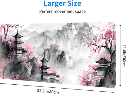 Japanese Cherry Blossom Large Mouse Pad,Gaming Keyboard Desk Pad,Extended Mouse Mat Non-Slip Rubber Base with Stitched Edges for Office Game Home XL 31.5"X11.8"
