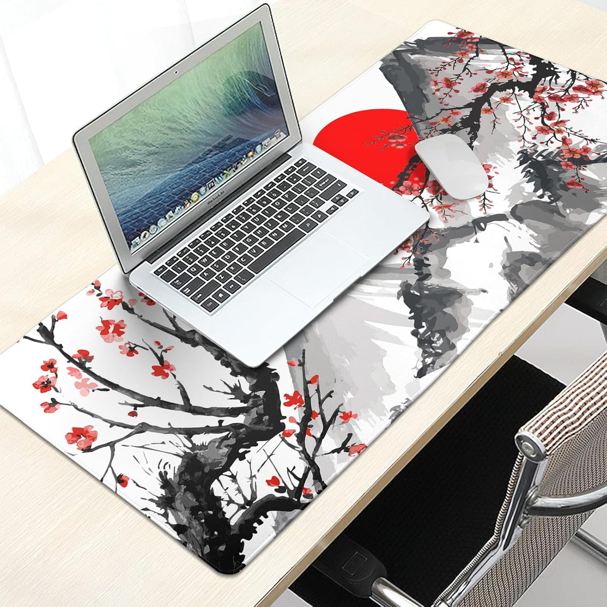 Extended Gaming Mouse Pad Xl，White Japanese Cherry Blossom Large Mouse Mat Desk Pad, Extended Stitched Non-Slip Rubber Edges Mousepad 31.5 X 11.8 Inch